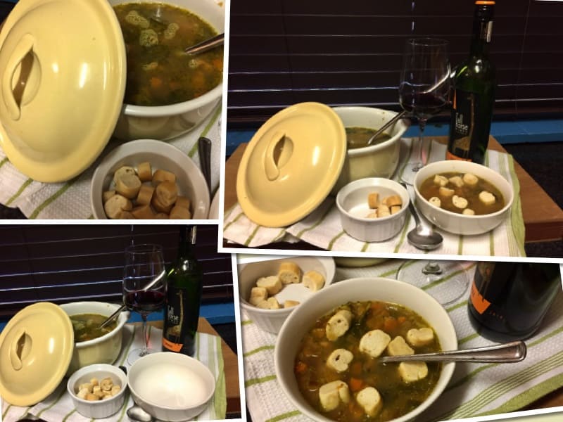 soup, wine, food
